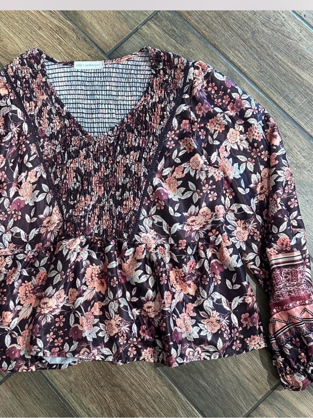 Coco and Jaimeson Womens Floral Smocked V-Neck Blouse in Plum and Pink